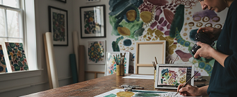 Artista al lavoro in uno studio luminoso, tiene una macchina fotografica con una mano e un pennello con l'altra, davanti a uno schermo digitale che mostra un dipinto astratto. Sullo sfondo, una parete ricoperta da opere d'arte astratte e colorate.