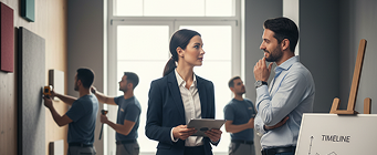 Donna in completo business con tablet parla con un uomo in camicia, in un ufficio con due operai che lavorano sullo sfondo.