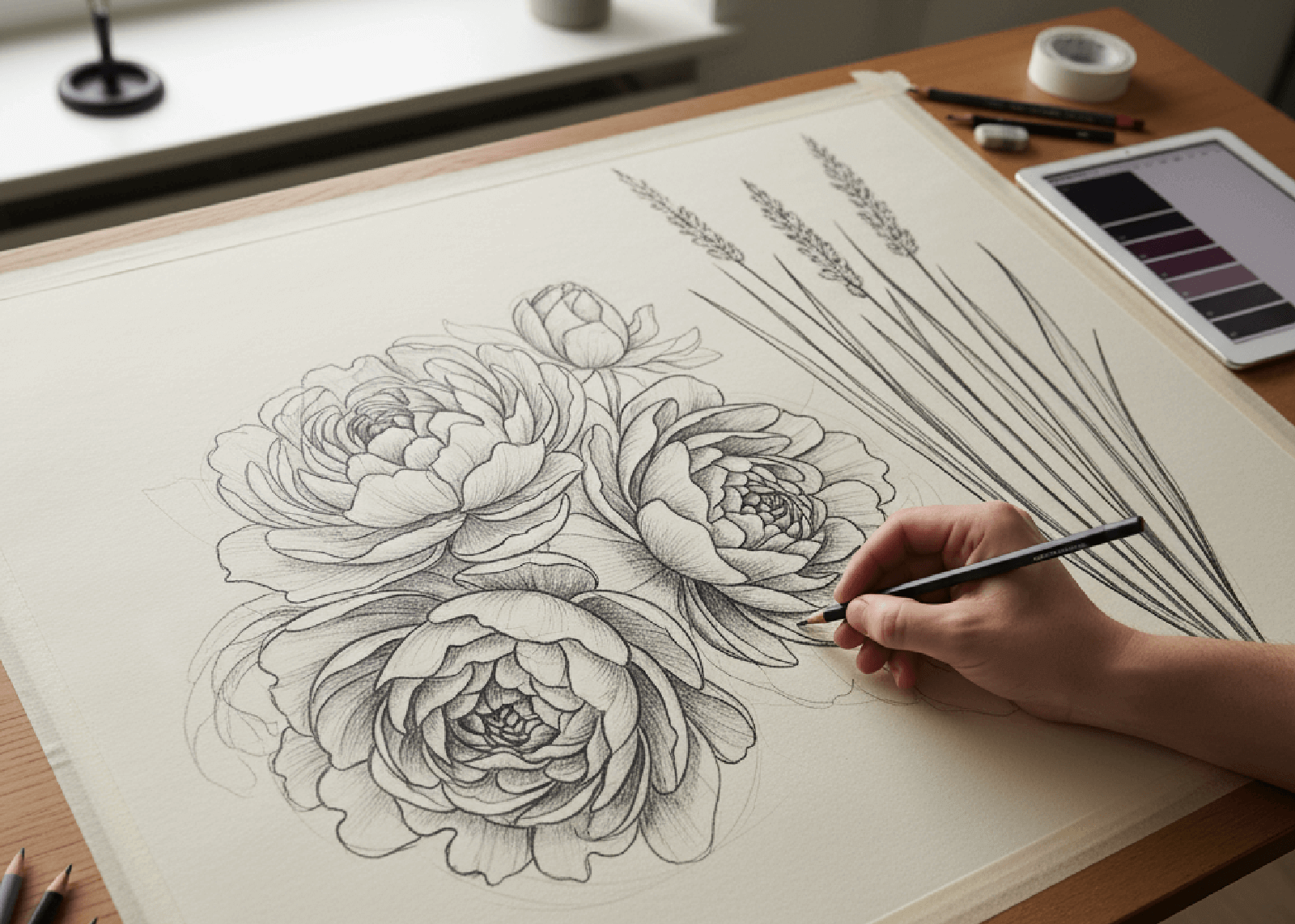 Mano di un artista che disegna a matita un grande schizzo di fiori, come peonie e spighe, su un foglio di carta da disegno appoggiato su un tavolo di legno.